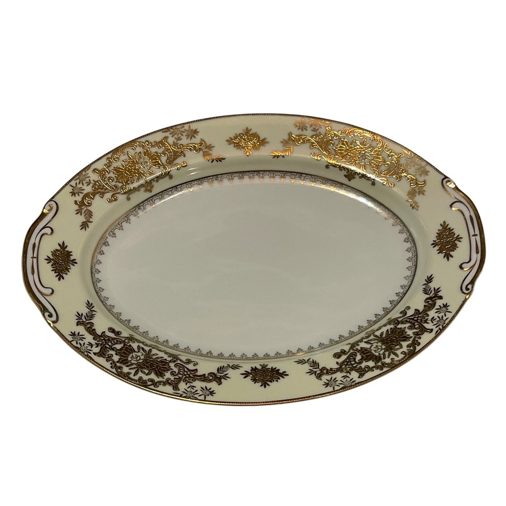 Wiss China Serving Platter Cream Gold Porcelain Vintage 12" Oval Floral Japan